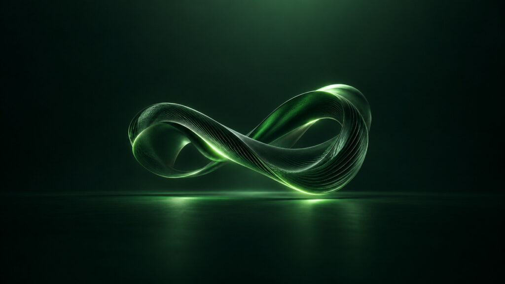 Glowing green infinity symbol representing the continuing evolution of AI in healthcare.