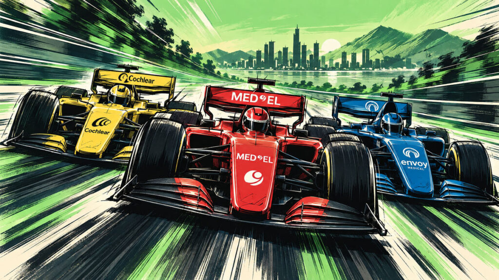 Cochlear, MED-EL and Envoy Medical racing cars illustrate the race to develop a totally implantable cochlear implant.
