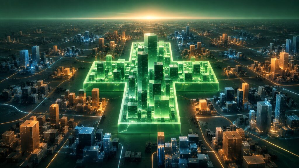 Glowing green medical cross formed by buildings in an illuminated cityscape