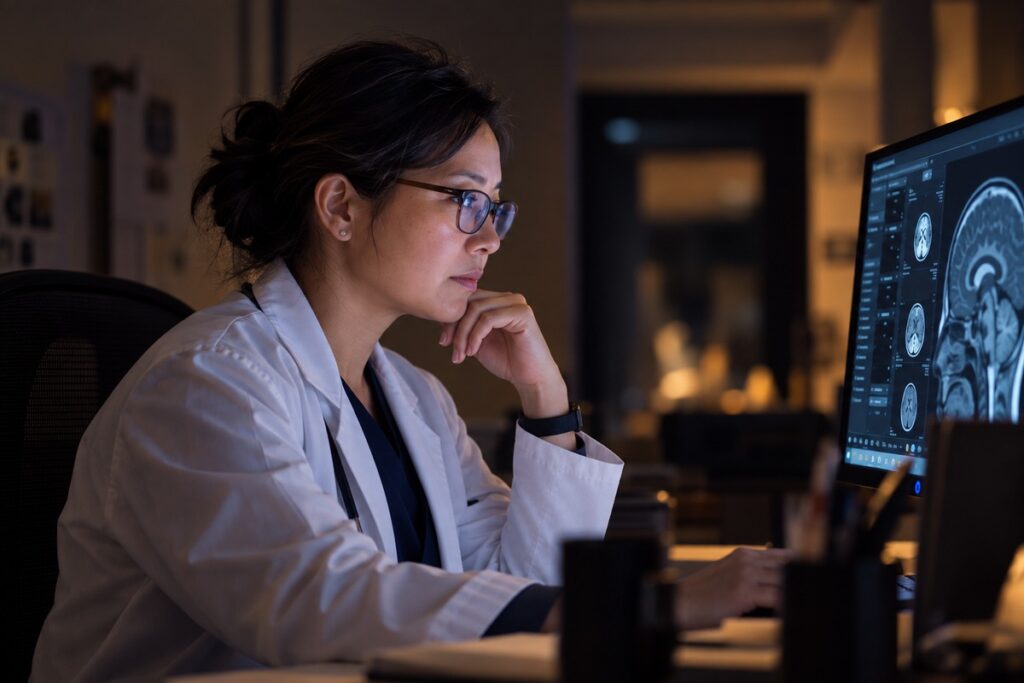 Clinician reviewing brain scans using medical imaging software.