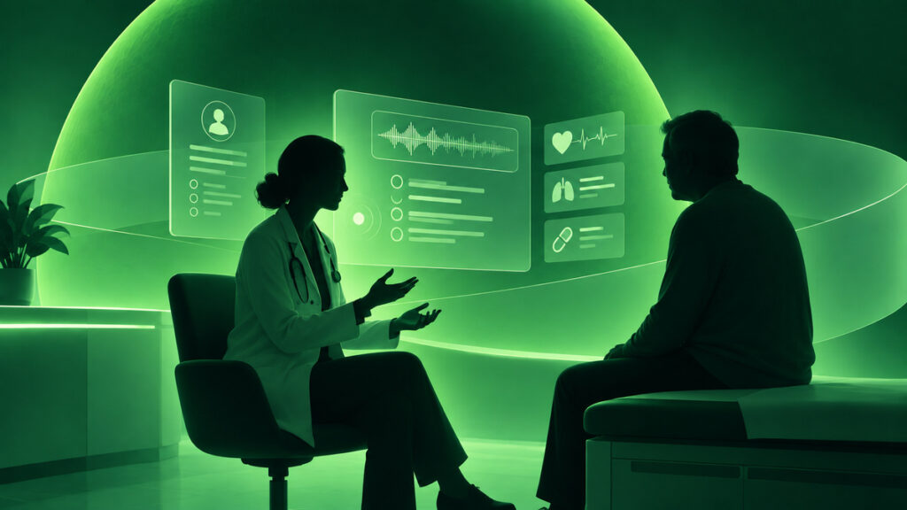 Illustration of a physician consulting a patient with ambient AI documentation and digital health displays.