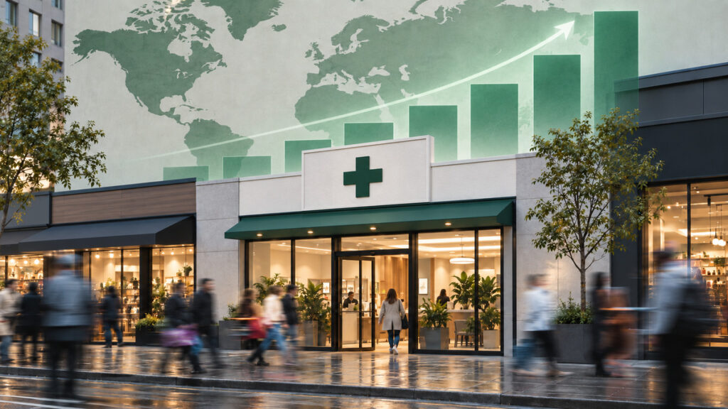Private medical clinic with a world map and rising bars illustrating global clinic market growth