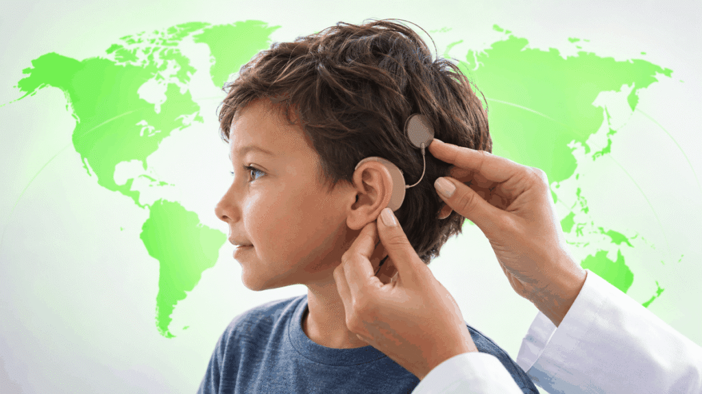 Child with a cochlear implant being adjusted, against a green world map